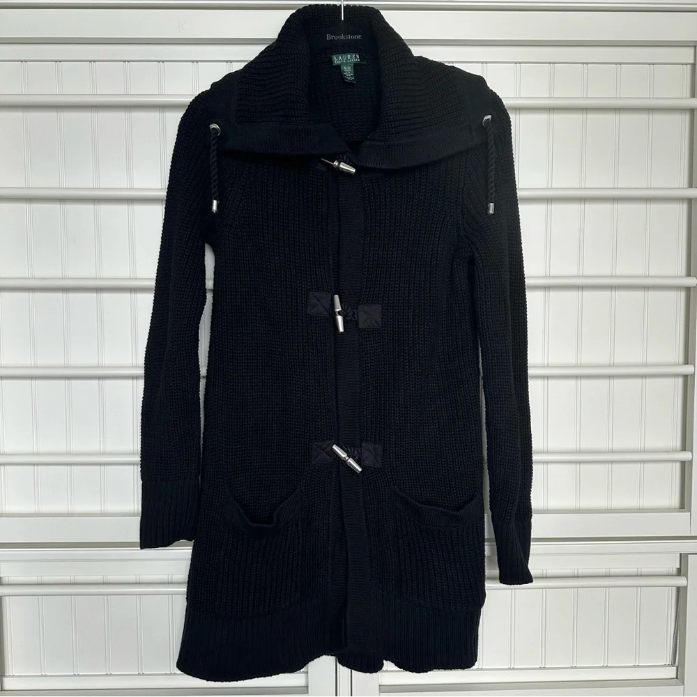 Ralph Lauren Black 100% Cotton Knit Shawl Collar Toggle Cardigan Women’s Sz Med - Picture 4 of 10